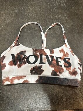 Darc Sport Cow-Print 'WOLVES' Sports Bra in White and Brown